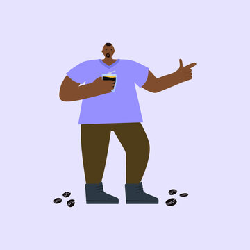dark-skinned guy with a mug of Americano points somewhere with his finger. Hand drawn illustration character man.