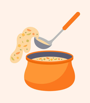Soup with ladle. Hostess brings food to guests of house. Stirring object in saucepan. Cooking food and delicious meals. Soup, vegetables, healthy food, diet. Cartoon flat vector illustration