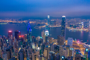 Fototapeta na wymiar Aerial drone shot a Hong Kong Corporate Buildings streets.