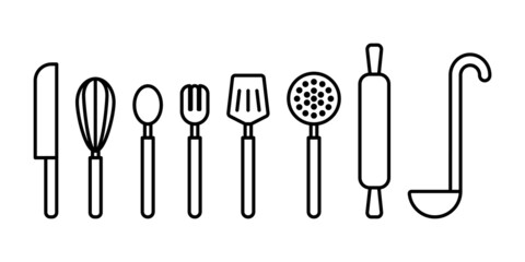 Cutlery line icons and logo set, isolated vector flat illustration.