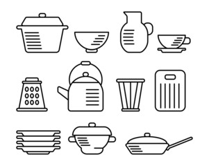 Icon and sign set of line flatware and kitchenware