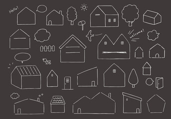 家の形の手描きフレーム・見出しセット（文字なし/黒背景）