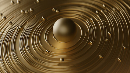 3d render Curly golden abstract in circle lines together with particles on blurred bokeh background