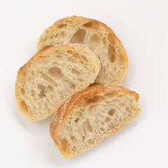 baguette pieces isolated on white background, top view