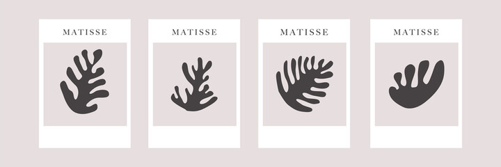 Collection of abstract vertical art posters. Set of contemporary wall art. Floral Matisse inspired collage style botanical shapes. Vector illustration.