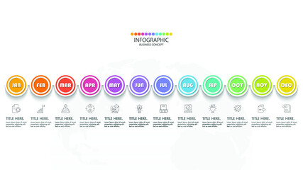 Timeline infographic with month or 12 steps, process or options, process chart, Used for process diagram, presentations, workflow layout, flow chart, infograph. Vector eps10 illustration.