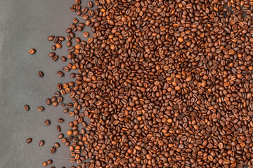 Fresh roasted coffee beans background. Top view.