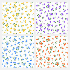 Materiał do szycia Set of 4 white seamless pattern with colorful tiny flowers.