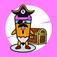 Pencil pirate character with hat and beside treasure box cute style design t-shirt, sticker logo element