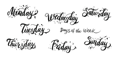 Days of the week handwritten names with splash ink drops. Monday Tuesday Wednesday Thursday Friday Saturday Sunday. Vector illustration. Calligraphic words for calendars and organizers.