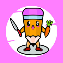 Cartoon pencil mascot holding knife and carrot in cute style for t-shirt, sticker, logo element