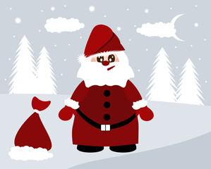 Funny Santa Claus with a gray beard in a red suit with a belt, with a bag of gifts, on a gray Christmas background. Christmas and New Year concept. Vector illustration in flat style