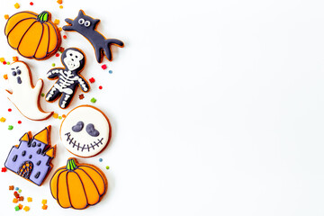 Halloween party background flat lay with gingerbread cookies