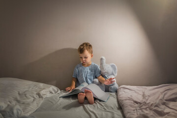 Boy sitting on bed and reading night time book with soft toy