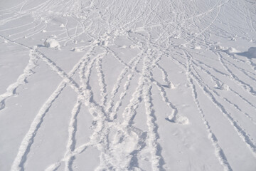 gentle slope of mountain, white snow lies on flat surface, lumps of snow roll down, snow-covered fluffy ground, texture of snowdrift, beautiful winter landscape, snowfall