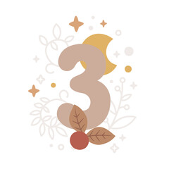 Milestone vector card with number three in Boho style, moon, plants, branch, berries, leaves, stars, cute animals for boy or girl. Baby first 12 months. Capture all the special moments newborn baby