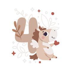 Milestone vector card with number four in Boho style, unicorn, plants, branch, berries, leaves, stars, cute animals for boy or girl. Baby first 12 months. Capture special moments newborn baby