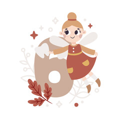 Milestone vector card with number Six in Boho style, tooth fairy, plants, branch, berries, leaves, stars, cute animals for boy or girl. Baby first 12 months. Capture special moments newborn baby