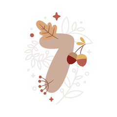 Milestone vector card with number Seven in Boho style, plants, branch, berries, leaves, acorn, stars, cute animals for boy or girl. Baby first 12 months. Capture special moments newborn baby
