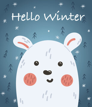 Postcard on a winter theme. Polar bear in vector. Hello winter. Cute bear on a postcard.