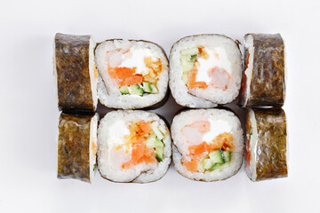 Japanese food, tasty of meal for lunch. Seafood. Philadelphia roll, salmon, soft cheese