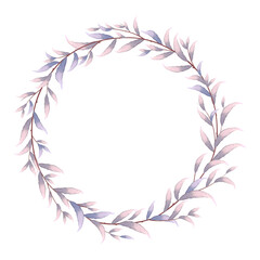 Fototapeta na wymiar Pink and purple leaves wreath in watercolor style and space for your text.