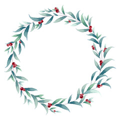 Fototapeta na wymiar Christmas wreath of leaves in watercolor style and space for your text.