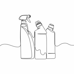 Vector continuous one single line drawing icon of bottles of detergent in silhouette on white background. Linear stylized.