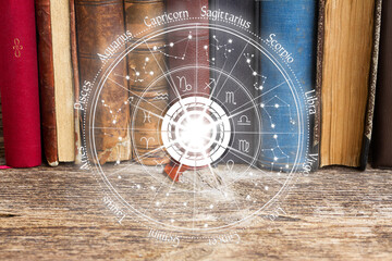 Vintage books and zodiac wheel with astrological signs