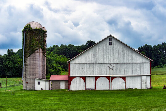 white barn and silo