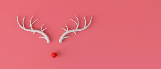 Abstract minimal Christmas reindeer face made with antlers and a bauble decoration nose. 3D Rendering © ink drop