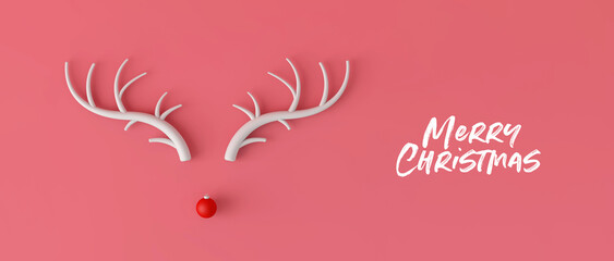 Abstract minimal Christmas reindeer face made with antlers and a bauble decoration nose. 3D Rendering - obrazy, fototapety, plakaty