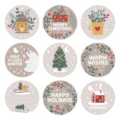 Set of Christmas and New Year vector stickers with Christmas Tree, Polar Bear, branch, berries, in cozy boho trendy style