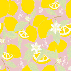 vector seamless pattern lemons and sliced lemons on a pink background. Summer lemon pattern for background, fabric, paper, textile, invitations, web pages.
