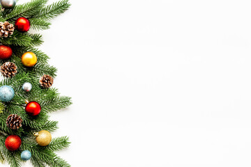 Christmas and New Year decoration balls background. Top view, flat lay. Empty space for text