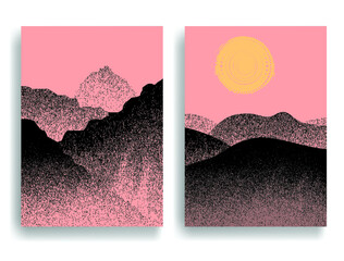 Mountain silhouettes with sun.  Rocky peaks in sunset.  Splatter Paint Texture . Distress Grunge background .Abstract vector.