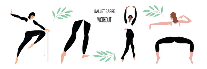 Girls in ballet positions.  A set of illustrations of ballet training.  For a website, poster, banner. © Nataliya