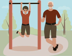 grandfather with grandson  exercising