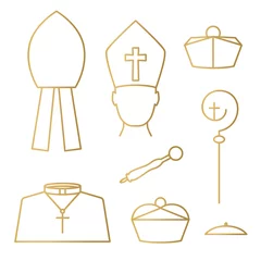 Fotobehang golden catholic priest, bishop, pope hats, crosier, sprinkler, cassock icons- vector illustration © chrupka