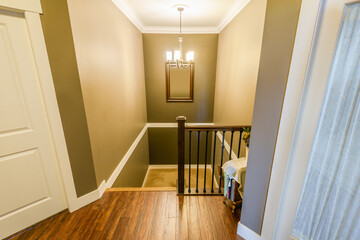 Beautiful living room interior with hardwood floors in new luxury home. View of stairs, and second story area.