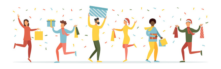 Christmas discounts. People are shopping. Vector illustration.