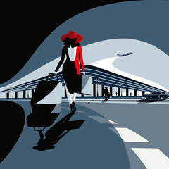 The girl goes to the airport. Vector illustration.