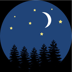 Cottagecore Moonlight Night Stars Moon Pine Trees Night Sky Scene Vector