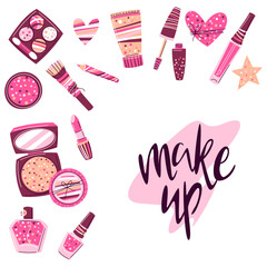 Background with cosmetics for skincare and makeup. Illustration for advertising. Beauty and fashion items.