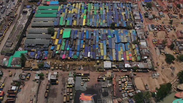 Aerial view of barracks in a small slum in Dhaka district, Bangladesh.