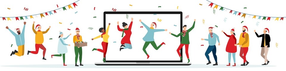 People wishing Merry Christmas and Happy New Year, celebrating holiday and giving gifts via video call or web conference in 2022. quarantine, online party. Vector illustration.