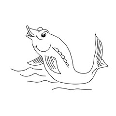 Hand drawn outline black vector illustration of a beautiful happy sterlet fish in water isolated on a white background