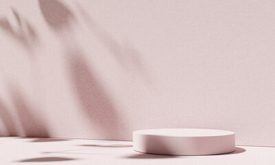 Product display podium stand with shadow nature leaves on pink background. 3D rendering