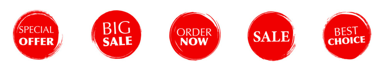 Red brush circle set, badges and banners. Big sale, best choice, order now, special offer. Banners and stickers. Vector illustration