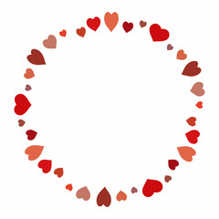 Round frame with red and discreet orange hearts on white background. Vector image.
